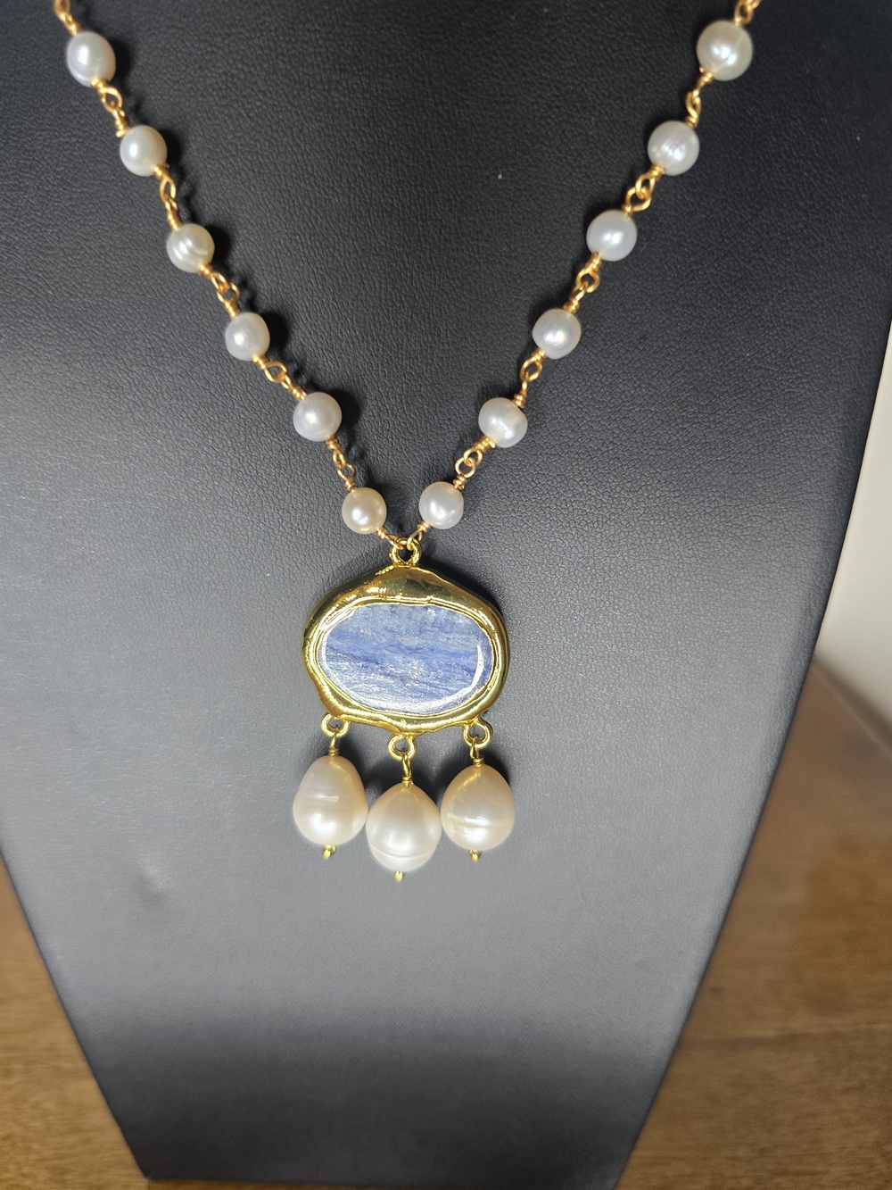 Gold Pearl Necklace with Blue Stone Pendant